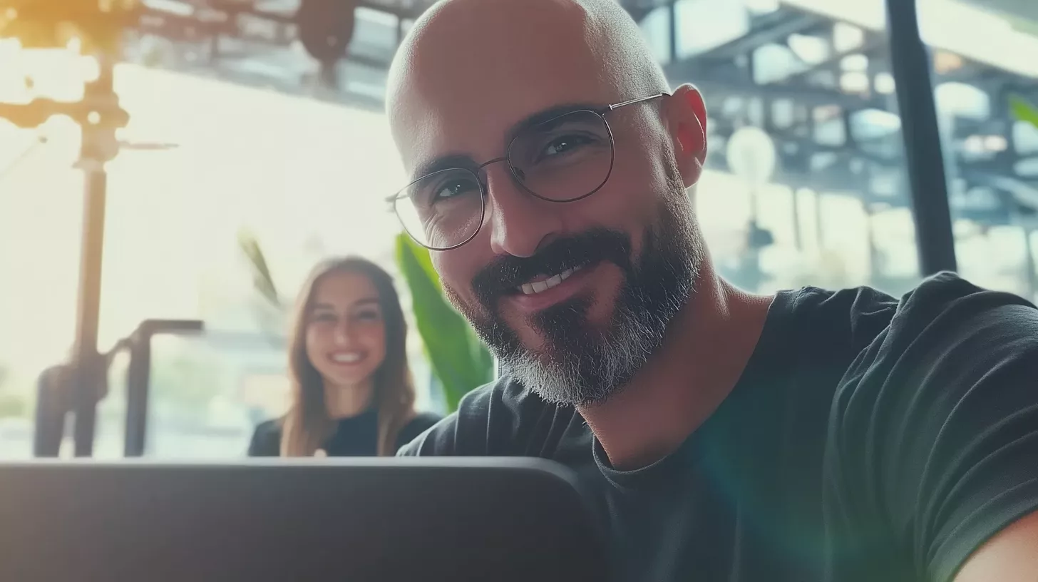 Sviluppatore sorridente al lavoro su laptop in un ambiente moderno, simbolo di successo nel settore del software