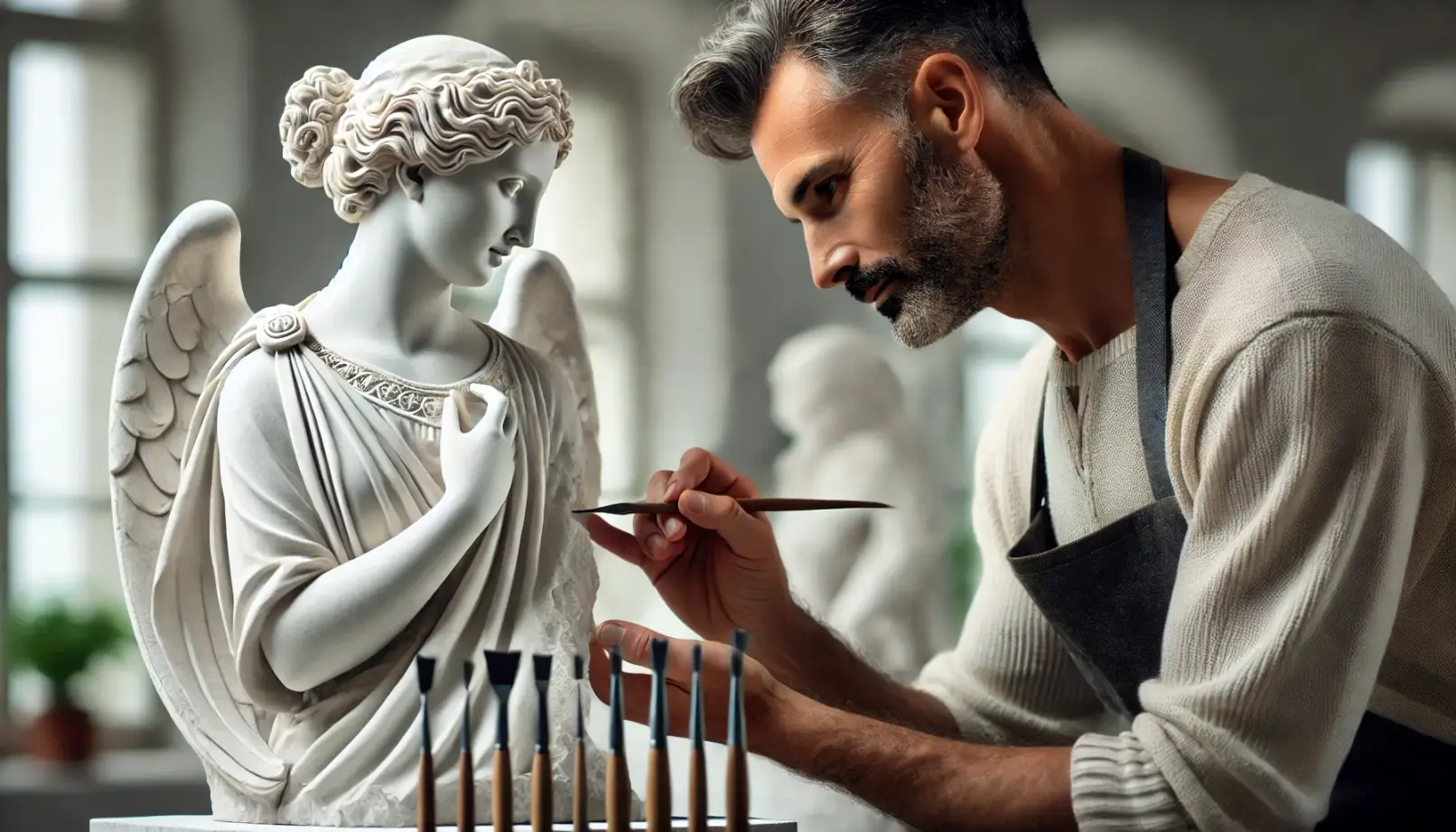 Scultore mastro mentre scolpisce una bellissima donna in marmo bianco