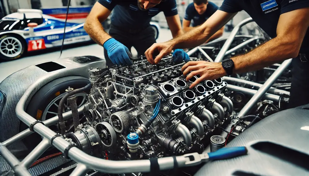 meccanici di un team corse vincente mentre mettono le mani nel motore dell'auto da corsa, pronta per vincere la gara