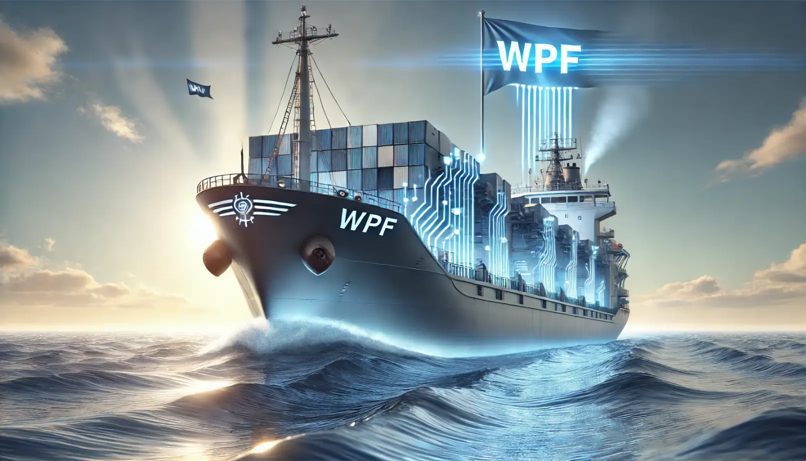 Un'imponente nave moderna, con la bandiera 'WPF', solca tranquillamente un mare calmo, simboleggiando la potenza e la stabilità del framework WPF