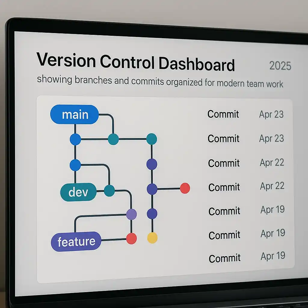 Dashboard di controllo versione (Git) che mostra branch e commit organizzati per il lavoro di team moderno