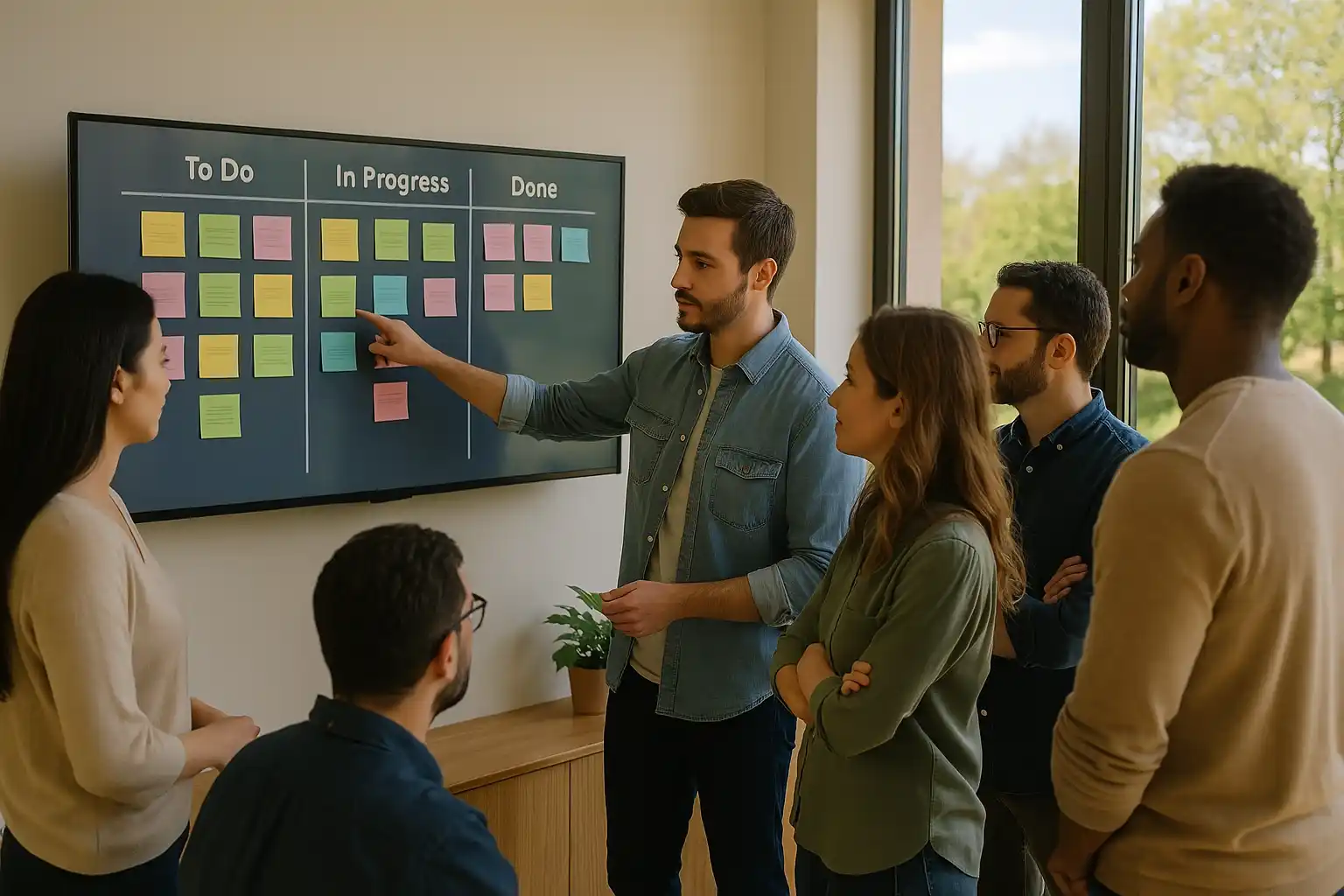 Team in stand-up meeting efficace attorno a lavagna Kanban digitale