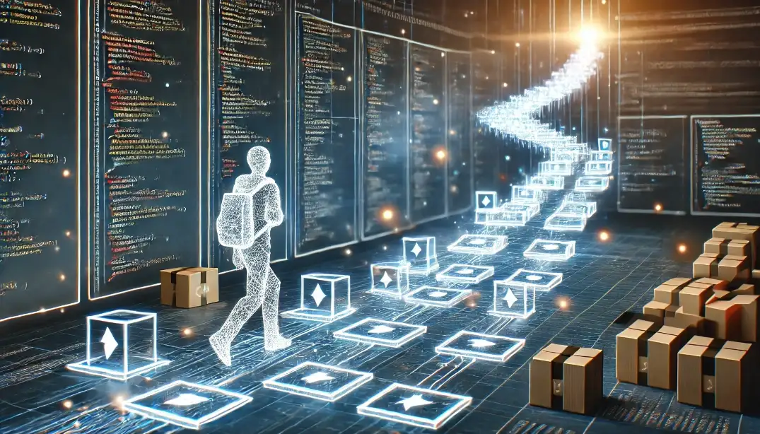 Sviluppatore software su percorso digitale strutturato, simbolo di crescita con C#