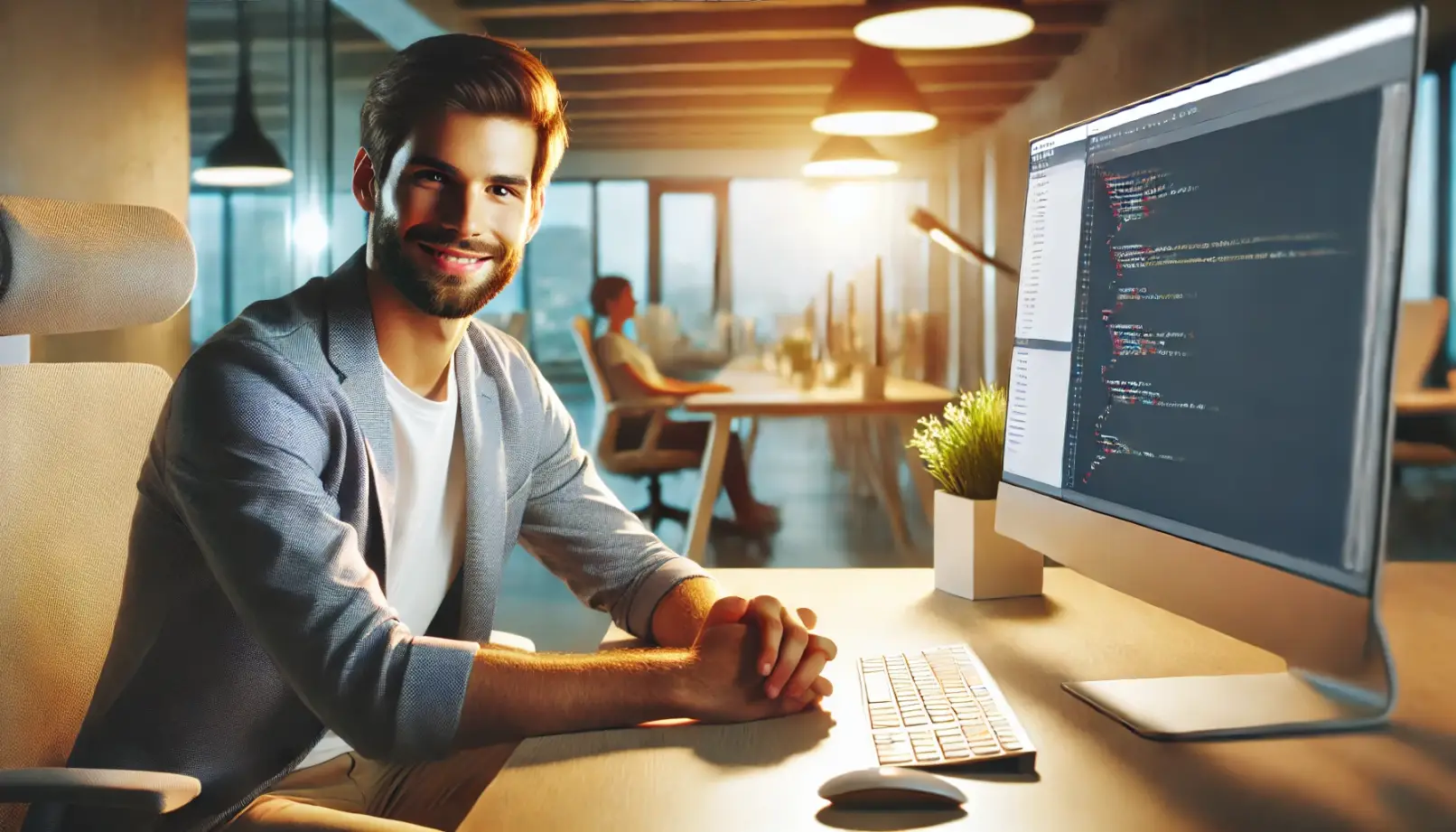 Programmatore in ufficio moderno, focus, efficienza e sviluppo software