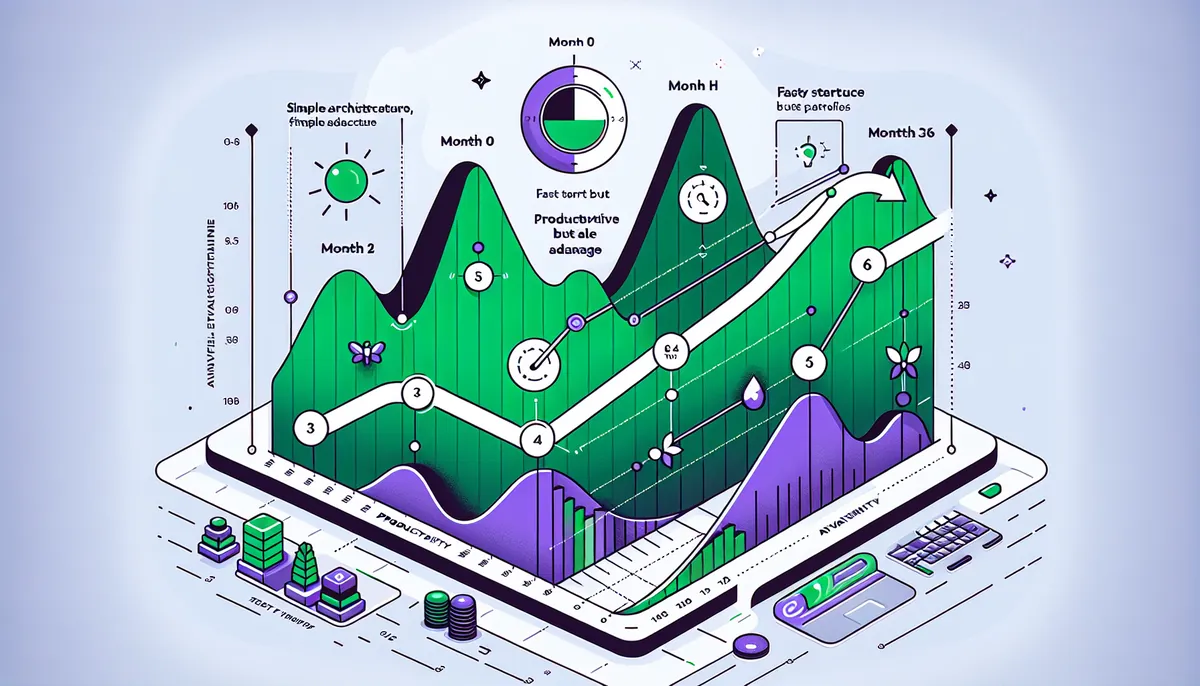Confronto produttività del team con e senza Clean Architecture nel tempo: curva di investimento iniziale e recupero a lungo termine