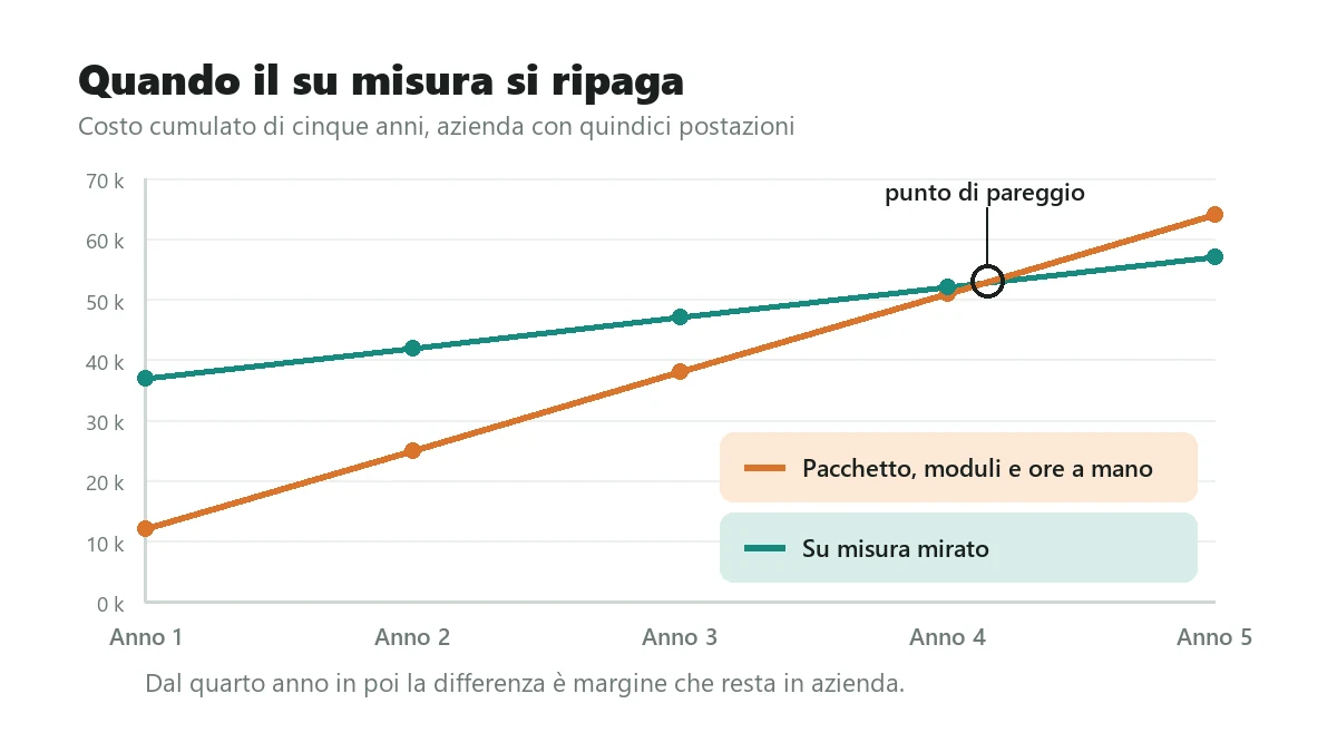 Grafico che confronta il costo cumulato di un gestionale in pacchetto e di uno su misura nei primi cinque anni