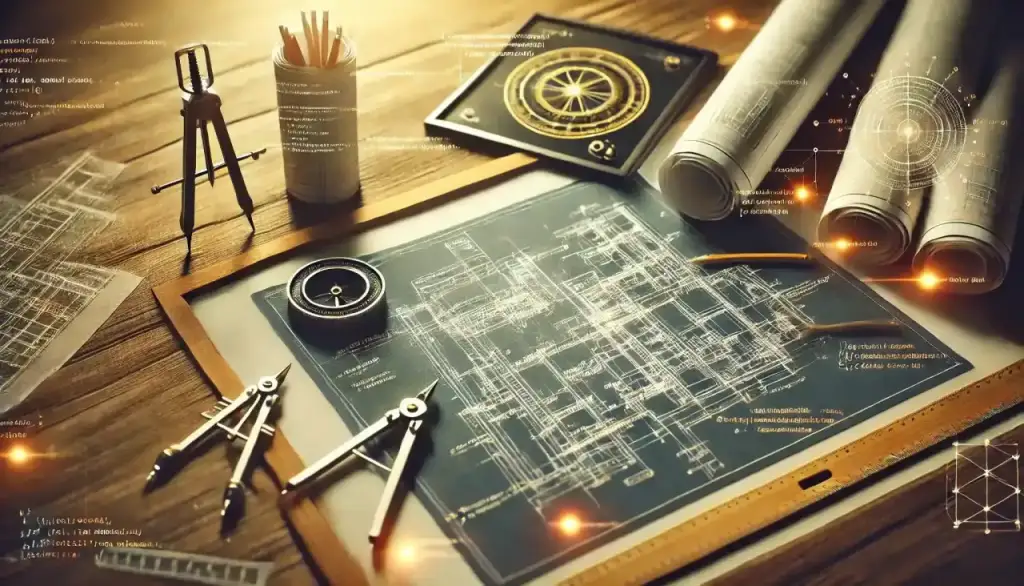 Blueprint architettonici con codice e strumenti da progettazione, sviluppo software