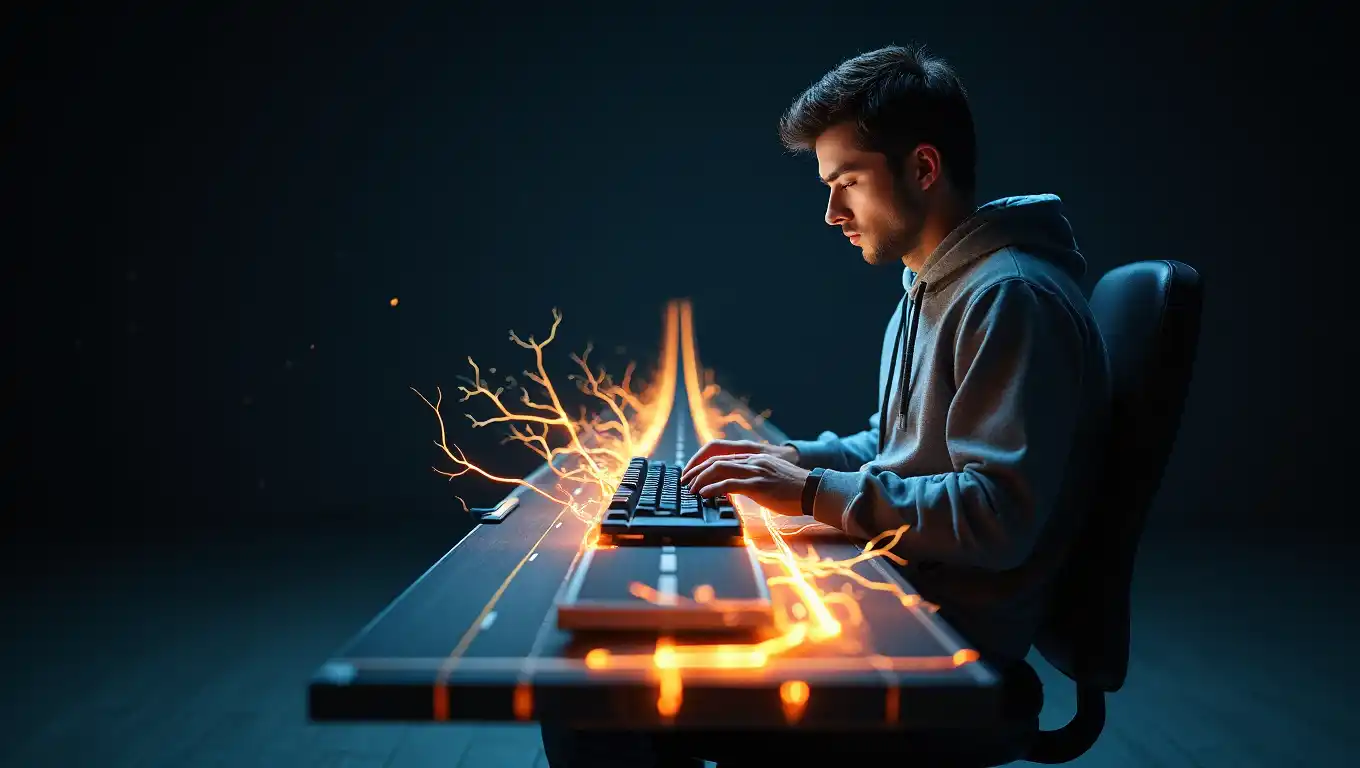 Sviluppatore software scrive codice con energia creativa su tastiera