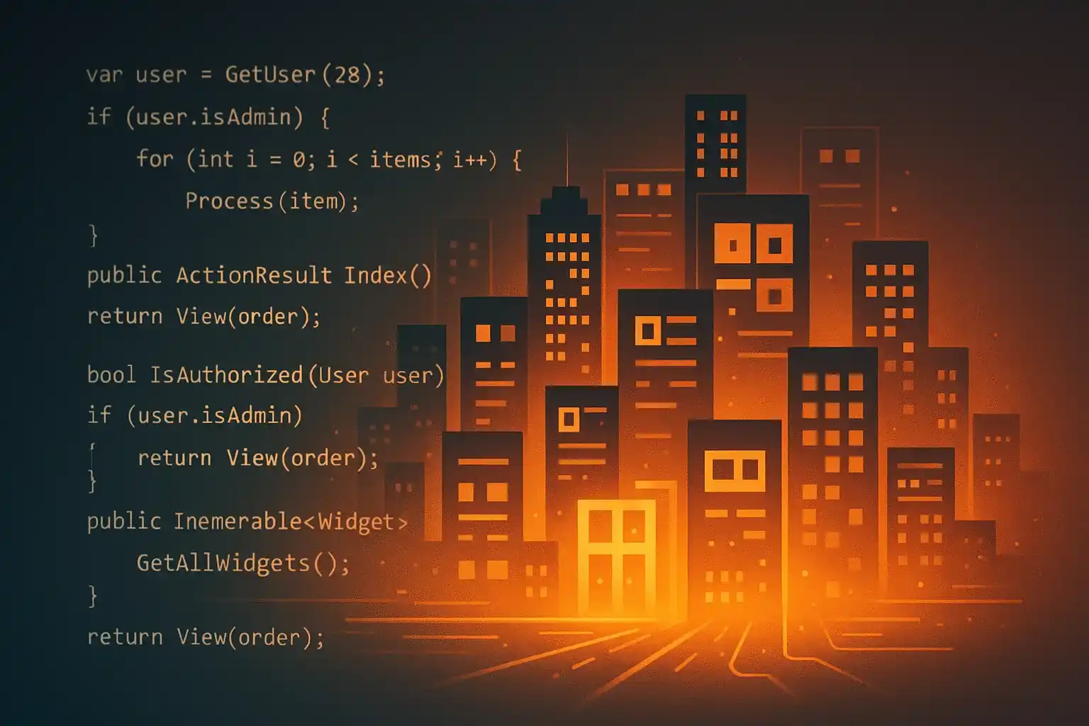 Codice C# si trasforma in paesaggio urbano digitale con interfacce e logiche software