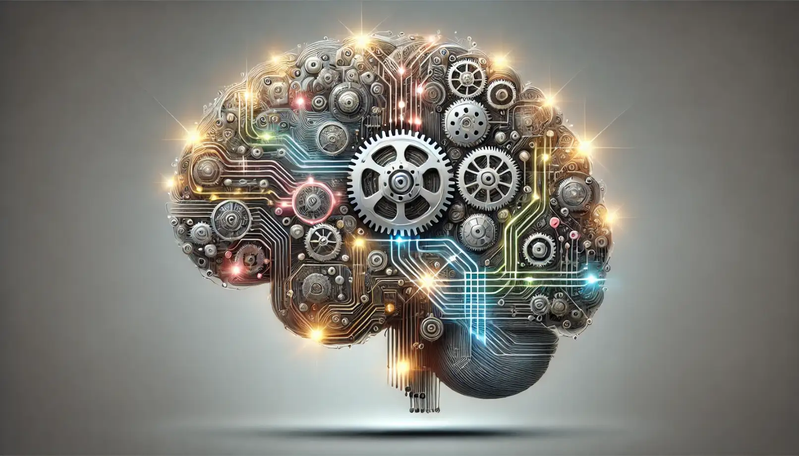 un cervello costruito con ingranaggi e circuiti, simbolo di ingegno e complessità del pensiero umano nel contesto tecnologico