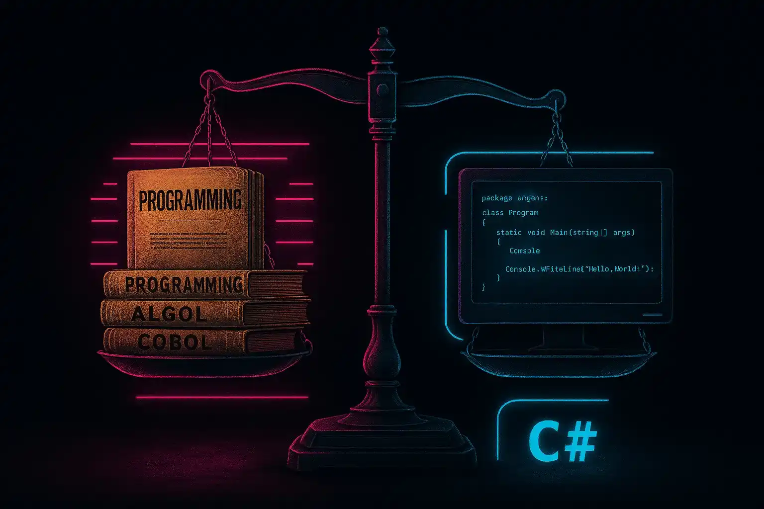 Confronto visivo tra linguaggi del passato e linguaggi moderni come C#