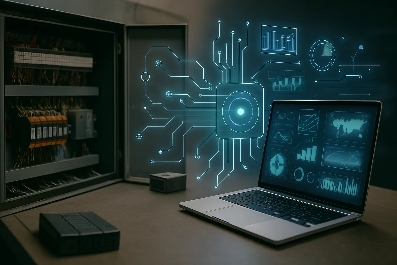 Connessione astratta tra PLC e software .NET in un contesto industriale futuristico