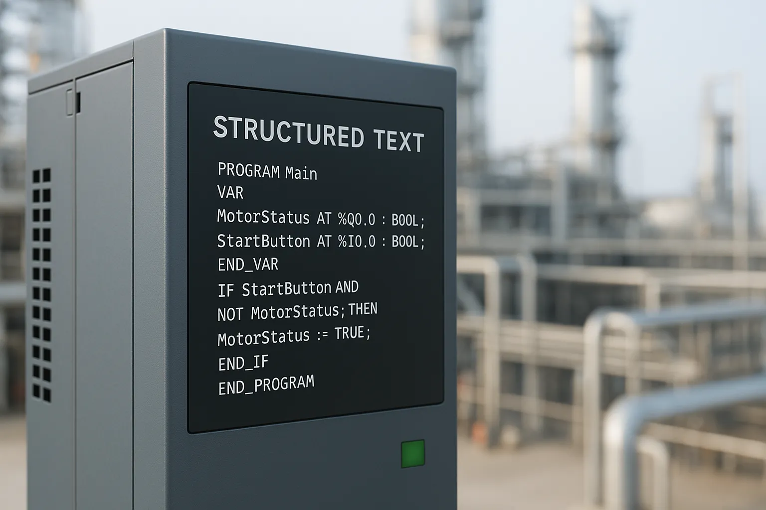Structured Text PLC con impianto industriale, linguaggi del PLC e programmazione