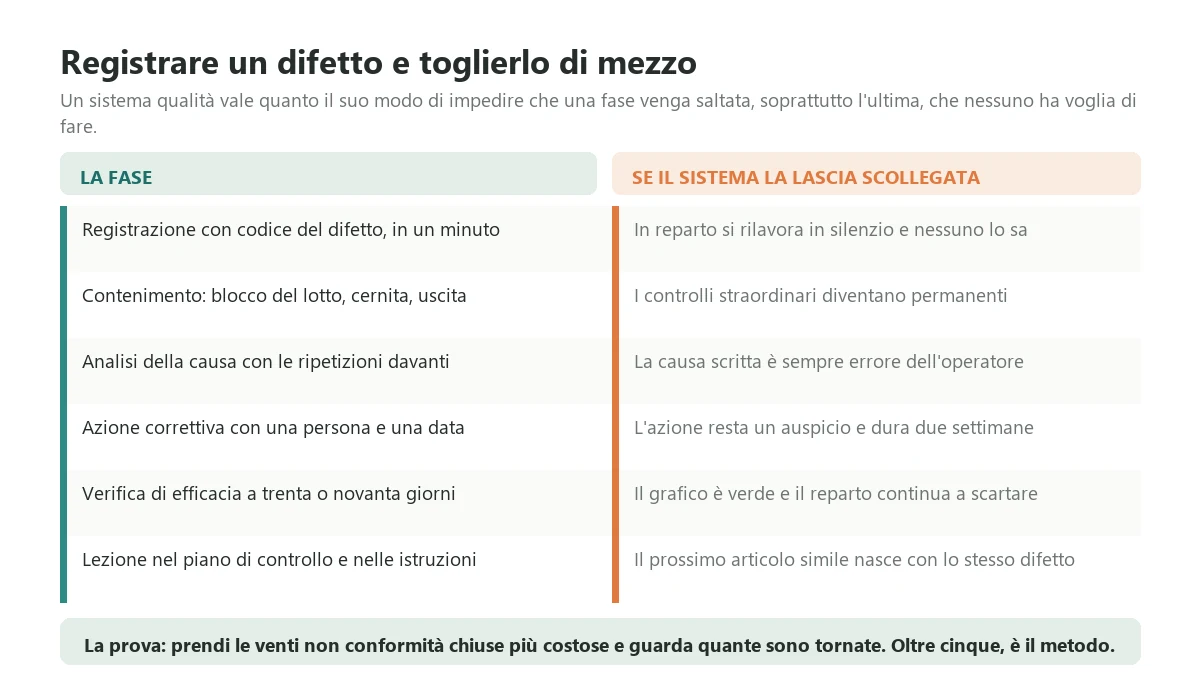 Le sei fasi del ciclo di una non conformità, dalla registrazione con il codice del difetto alla lezione riportata nel piano di controllo, con quello che succede quando il sistema lascia una fase scollegata dalle altre