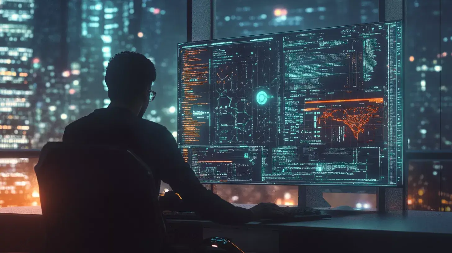 Sviluppatore software osserva interfaccia high-tech, innovazione tecnologica