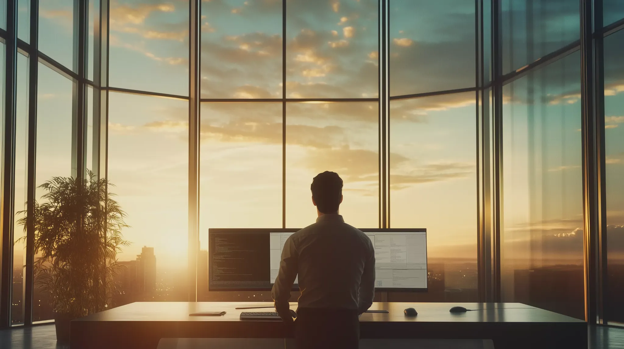Sviluppatore software osserva skyline al tramonto: successo e innovazione tecnologica