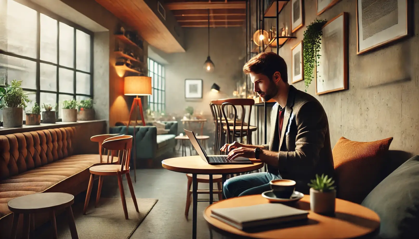 Un professionista che lavora autonomamente in un caffè, con laptop e ambiente accogliente