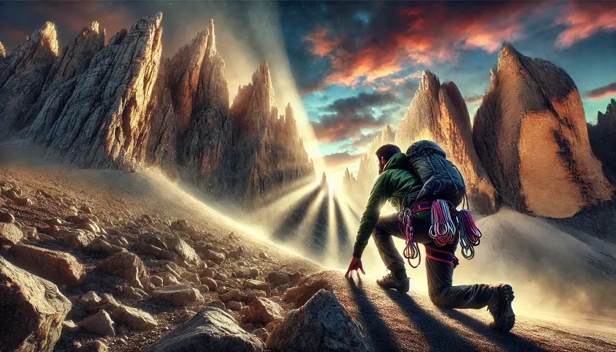 Un principiante che inizia a scalare una montagna, rappresentando la sfida e il percorso di apprendimento