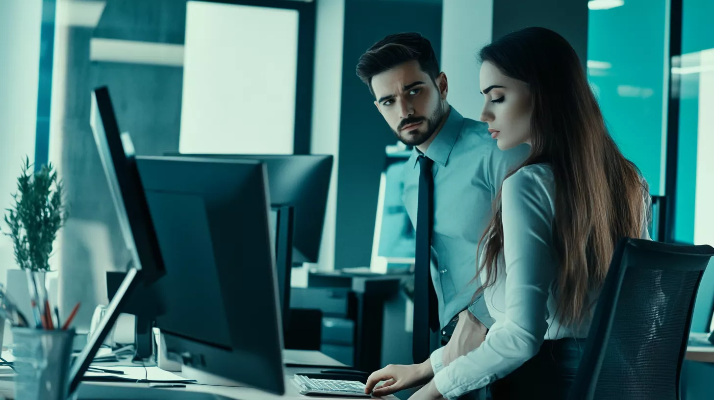 Due programmatori, uomo e donna, in un ufficio moderno che lavorano fianco a fianco in un ambiente serio e collaborativo