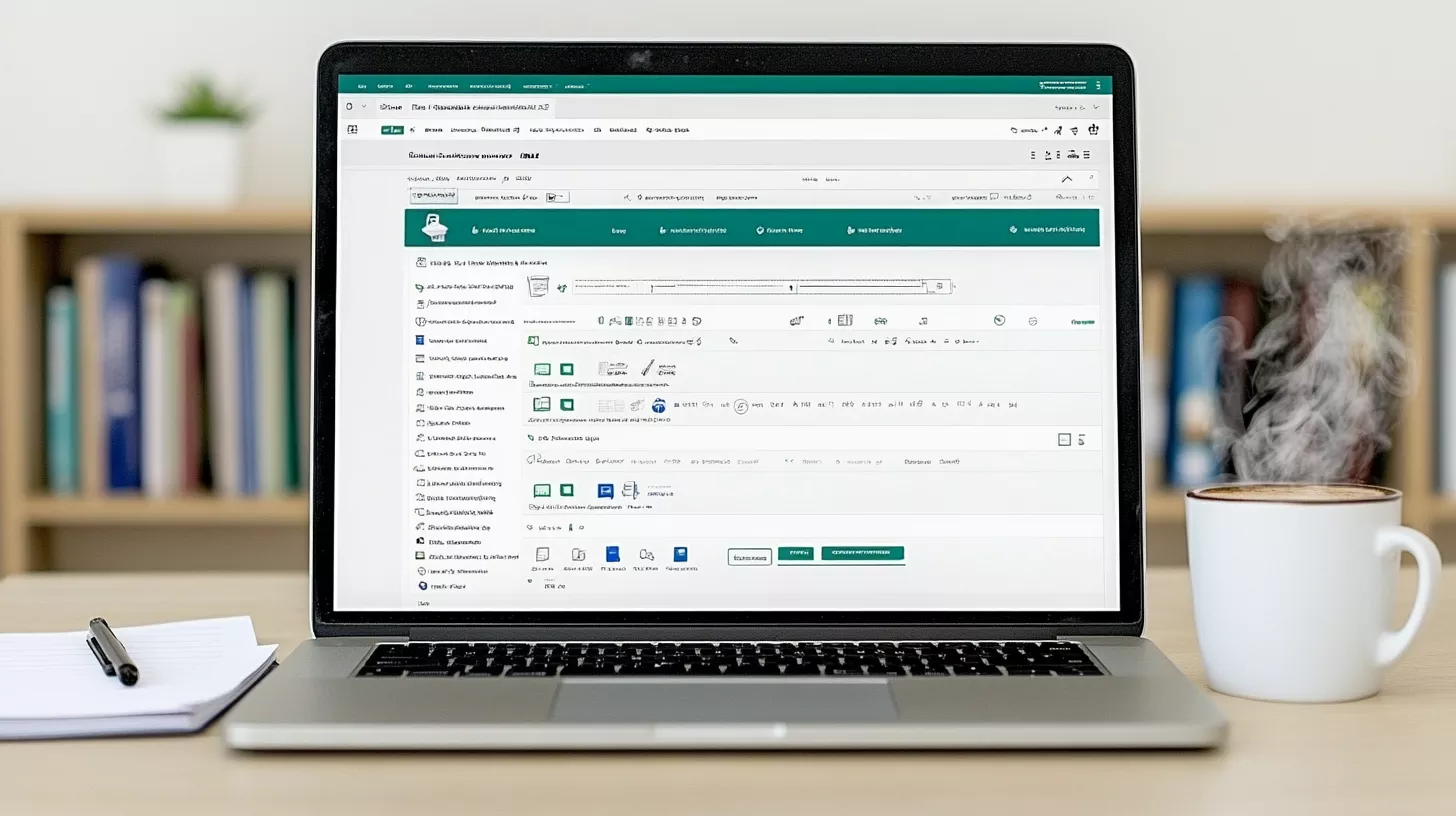 Un laptop aperto su una scrivania, con una schermata di lavoro visibile sullo schermo. Accanto al laptop c'è una tazza di caffè fumante e un blocco note con una penna, simboli di concentrazione e produttività. Sullo sfondo sfocato, scaffali con libri, rappresentando l'equilibrio tra teoria e pratica