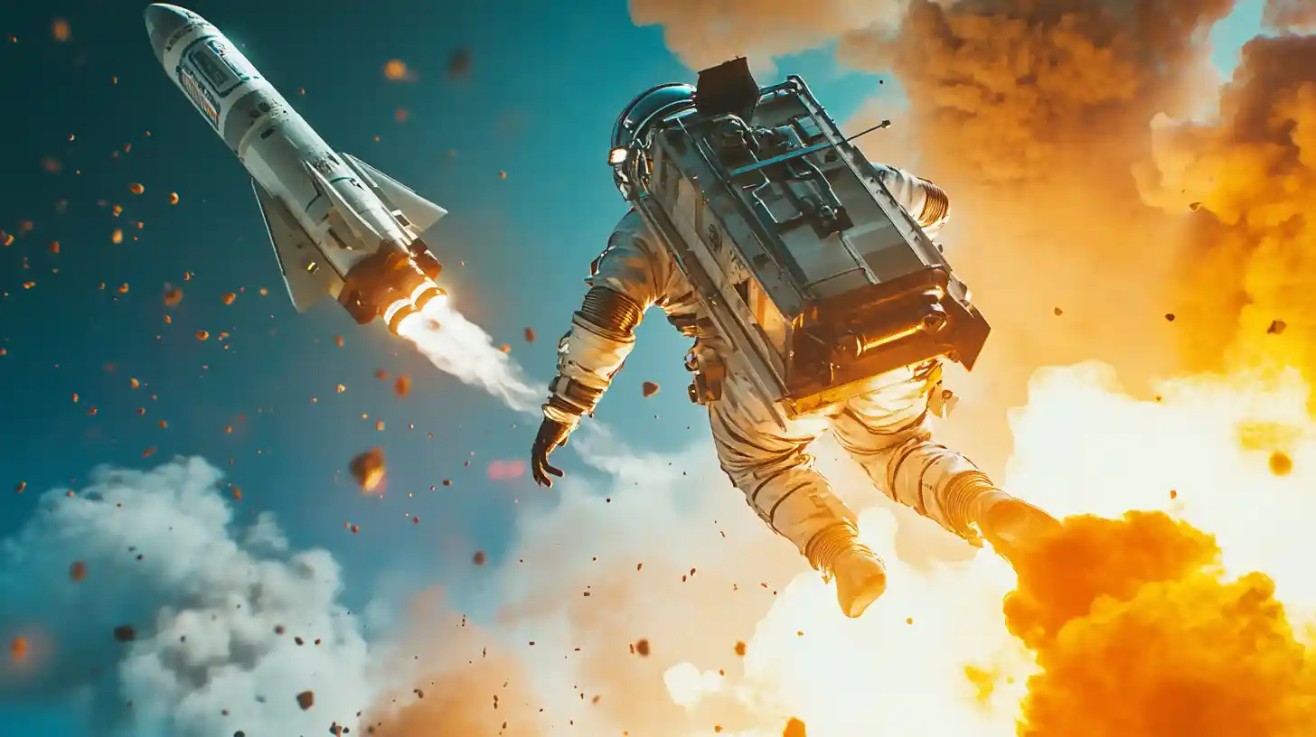 Astronauta che fluttua nello spazio con un razzo in decollo sullo sfondo, a simboleggiare un grande salto di carriera grazie a WPF (Windows Presentation Foundation). Fiamme e detriti enfatizzano la potenza e l’energia dell’evoluzione professionale