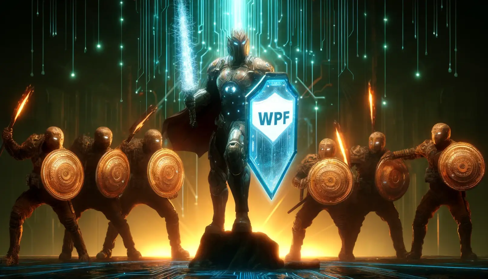 Un guerriero professionista equipaggiato con uno scudo luminoso etichettato 'WPF,' in piedi su un campo di battaglia digitale. Intorno a lui, altri guerrieri con scudi arrugginiti e obsoleti lottano per difendersi