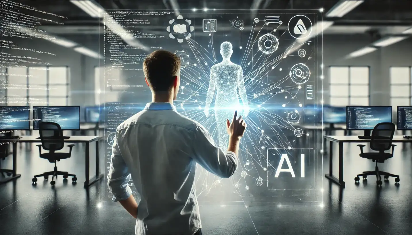 Programmatore controlla un'interfaccia AI olografica: evoluzione dello sviluppo software