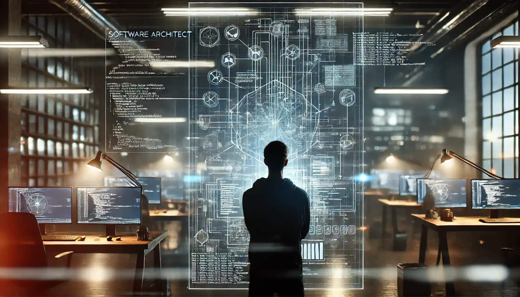 Architetto software che osserva una struttura di codice complessa