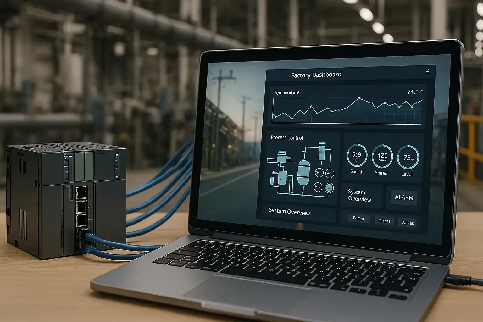 PLC connesso a interfaccia WPF moderna su impianto industriale, controllo software