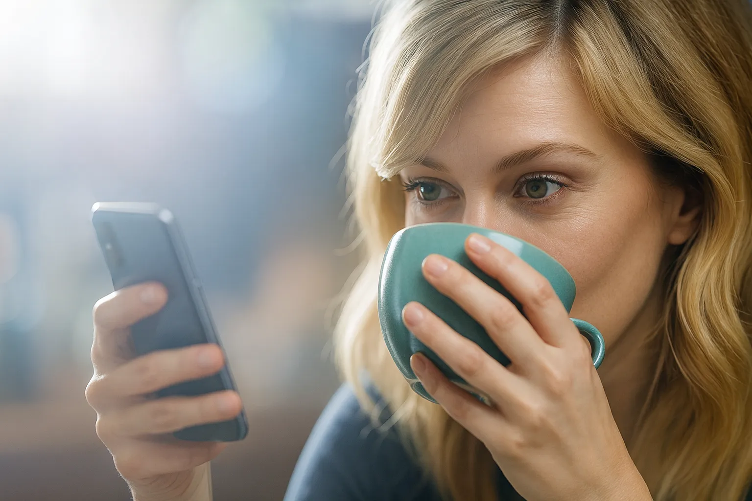 donna beve caffè e guarda smartphone llm copilot .net.