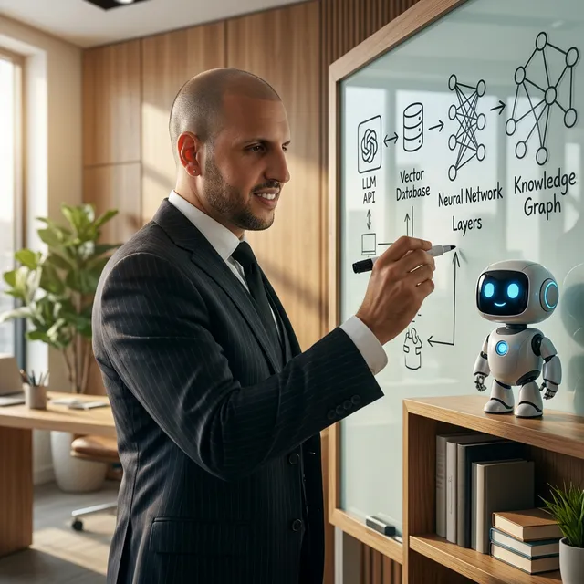 Matteo Migliore architecting AI systems on a whiteboard