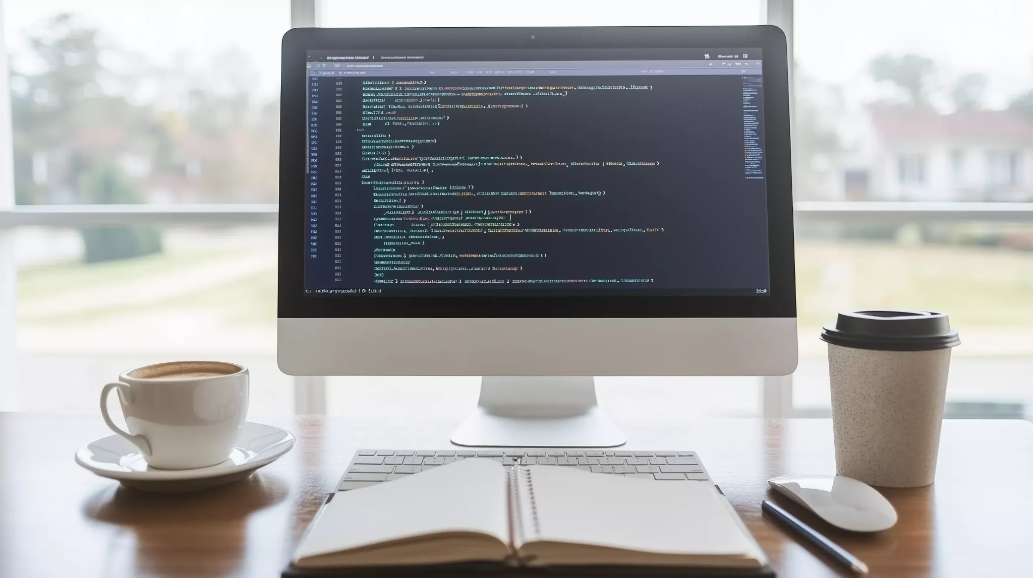 Codice ASP.NET su schermo, notebook e caffè, ambiente di sviluppo web