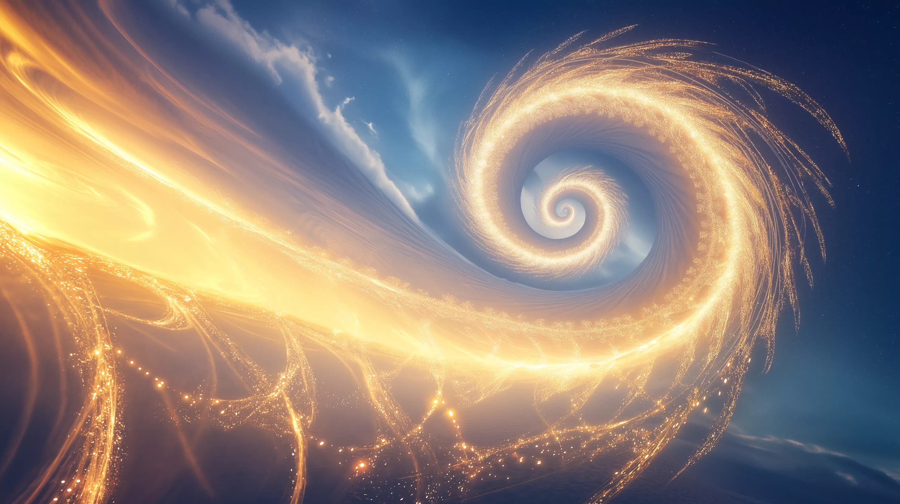 Una spirale luminosa dorata che si sviluppa verso l’alto, avvolta da sfumature di luce scintillante e un cielo sfumato dal blu scuro all’oro. L’immagine evoca un senso di progresso continuo e infinito, con dettagli eleganti e un’atmosfera ispiratrice.