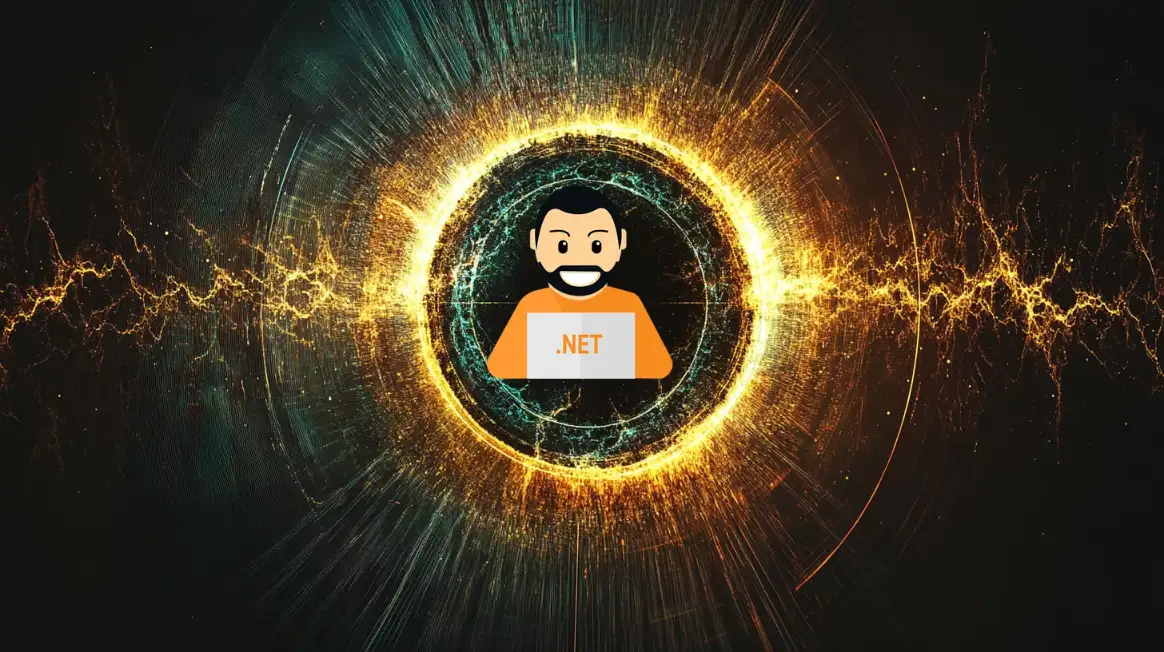 Sviluppatore .NET sorridente, innovazione, programmazione software, coding, tecnologia