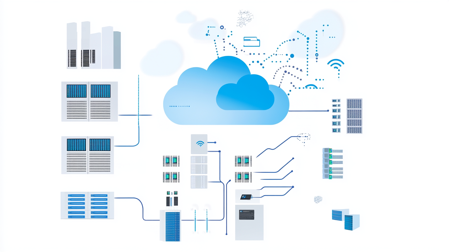 Un'illustrazione professionale che rappresenta un'infrastruttura cloud basata su Azure, con una grande nuvola blu centrale che simboleggia il cloud, connessa a diversi server, grafici e componenti tecnologici.