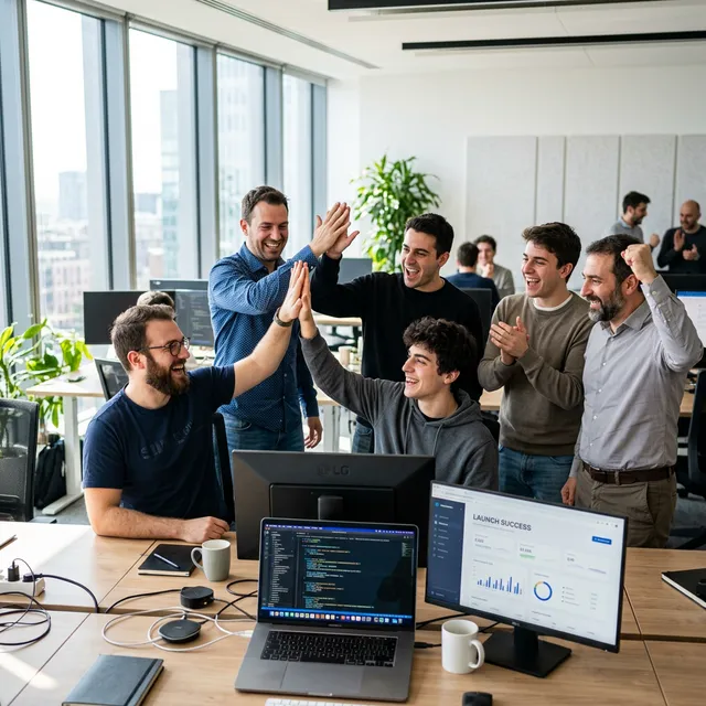 Successful team of Italian male developers celebrating