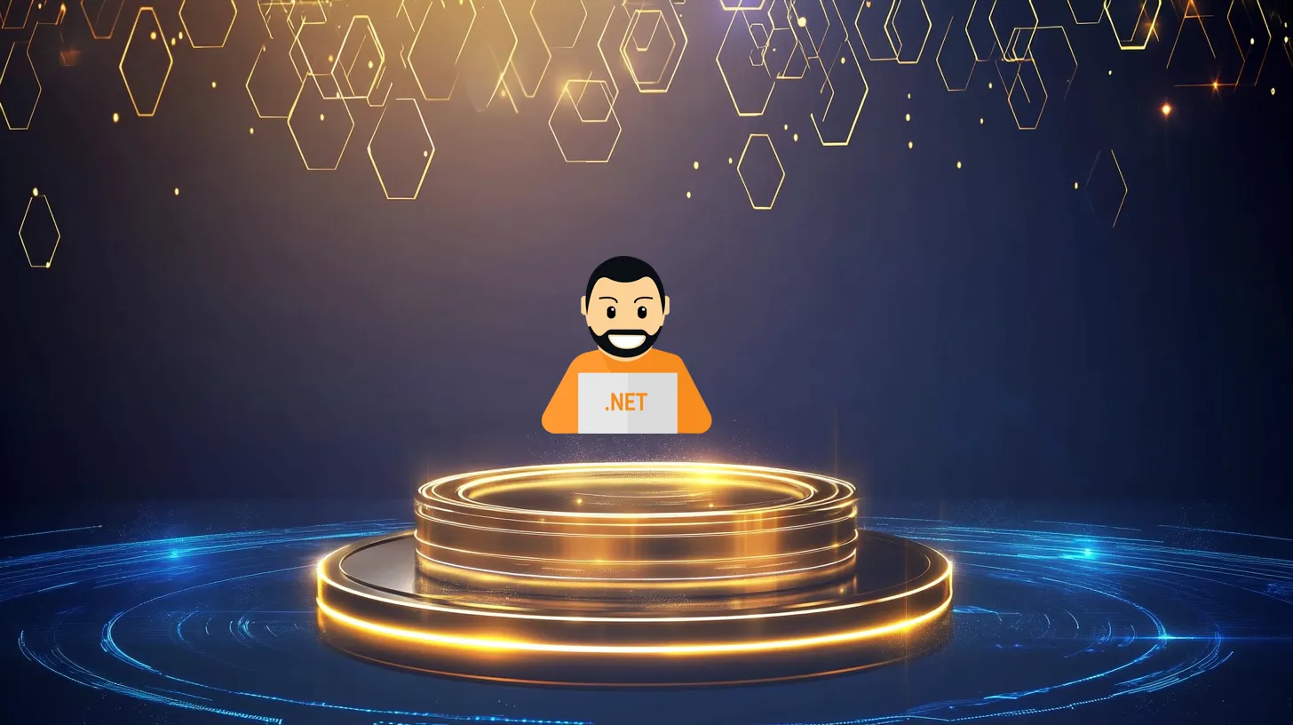 Programmatore sorridente con laptop .NET con circuiti ed elementi digitali