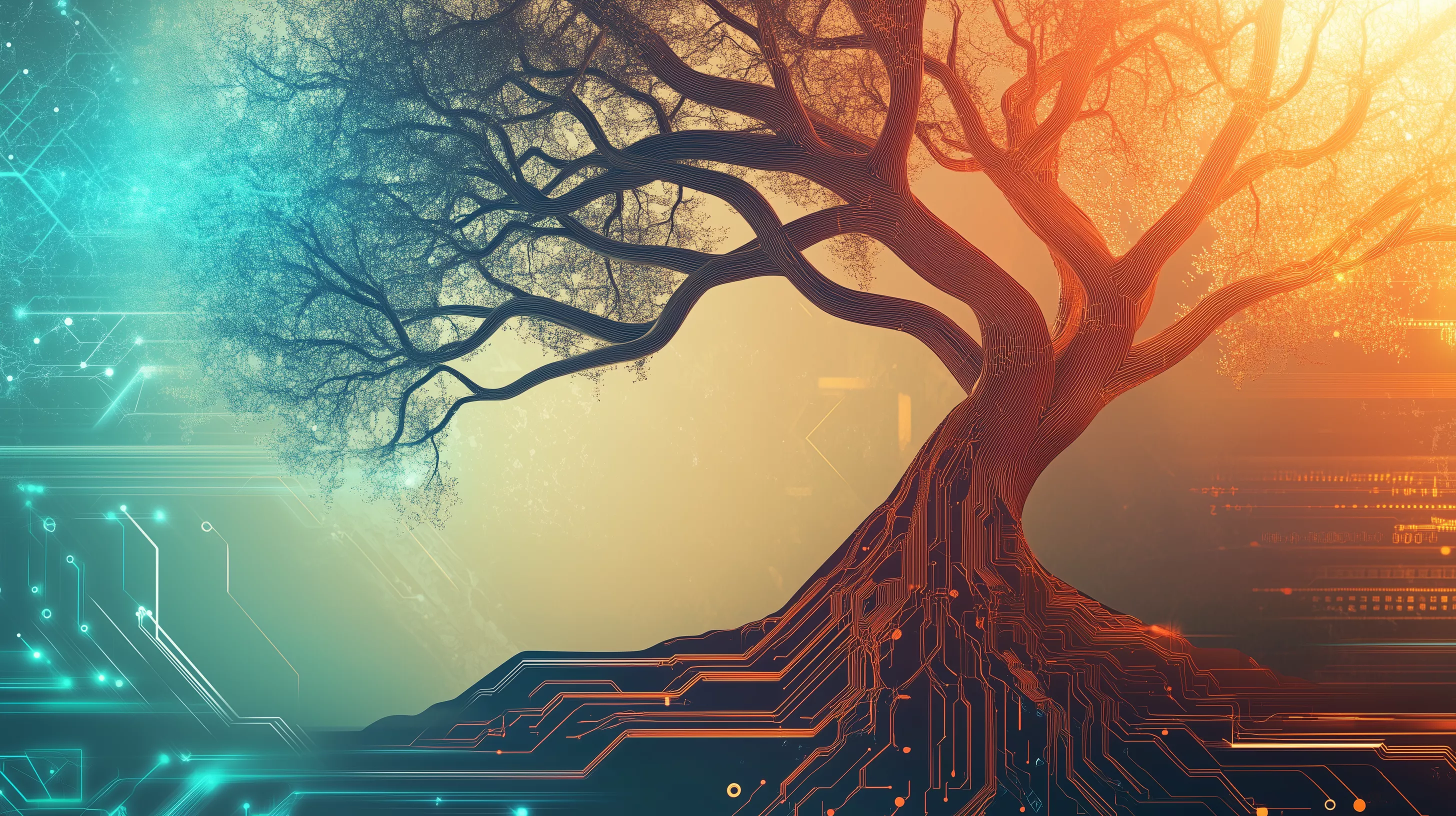 Albero con radici digitali e circuiti, simbolo di innovazione con tecnologia Blazor