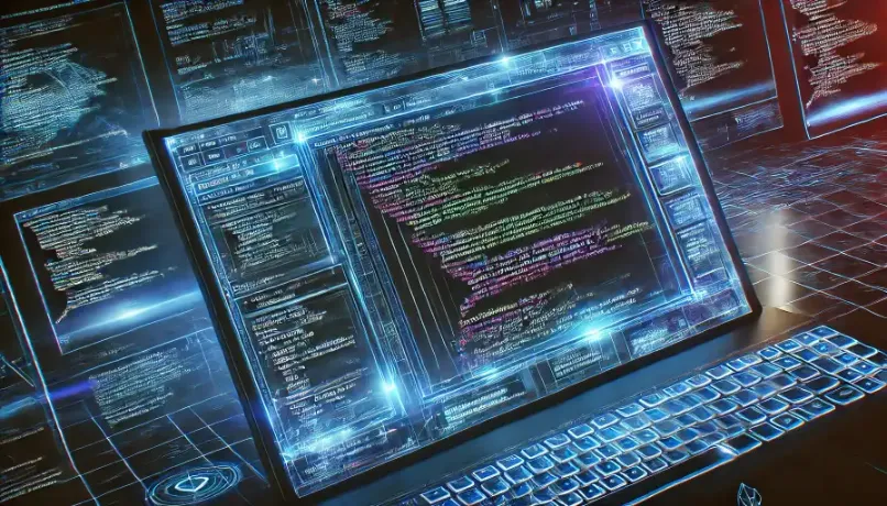 Schermo con codice di programmazione C# stile cyberpunk, sviluppo software