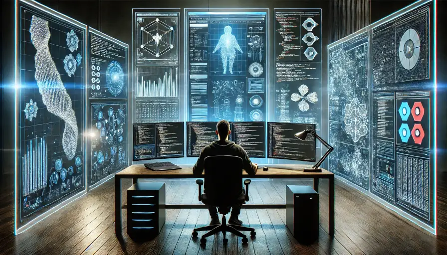 Sviluppatore software in setup con analisi dati e codice .NET avanzato