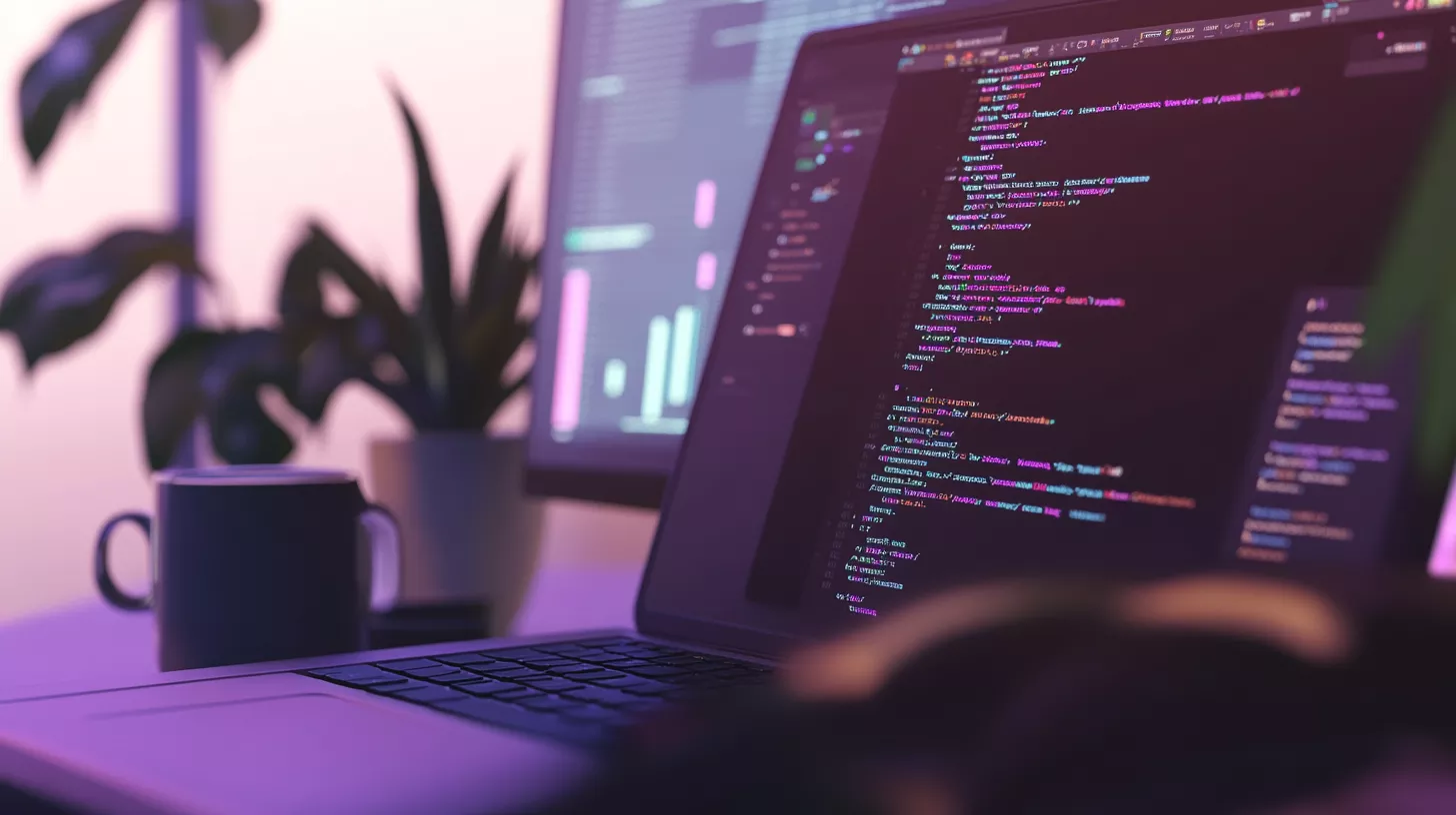Laptop con codice Entity Framework, ufficio moderno con monitor e ambiente tech