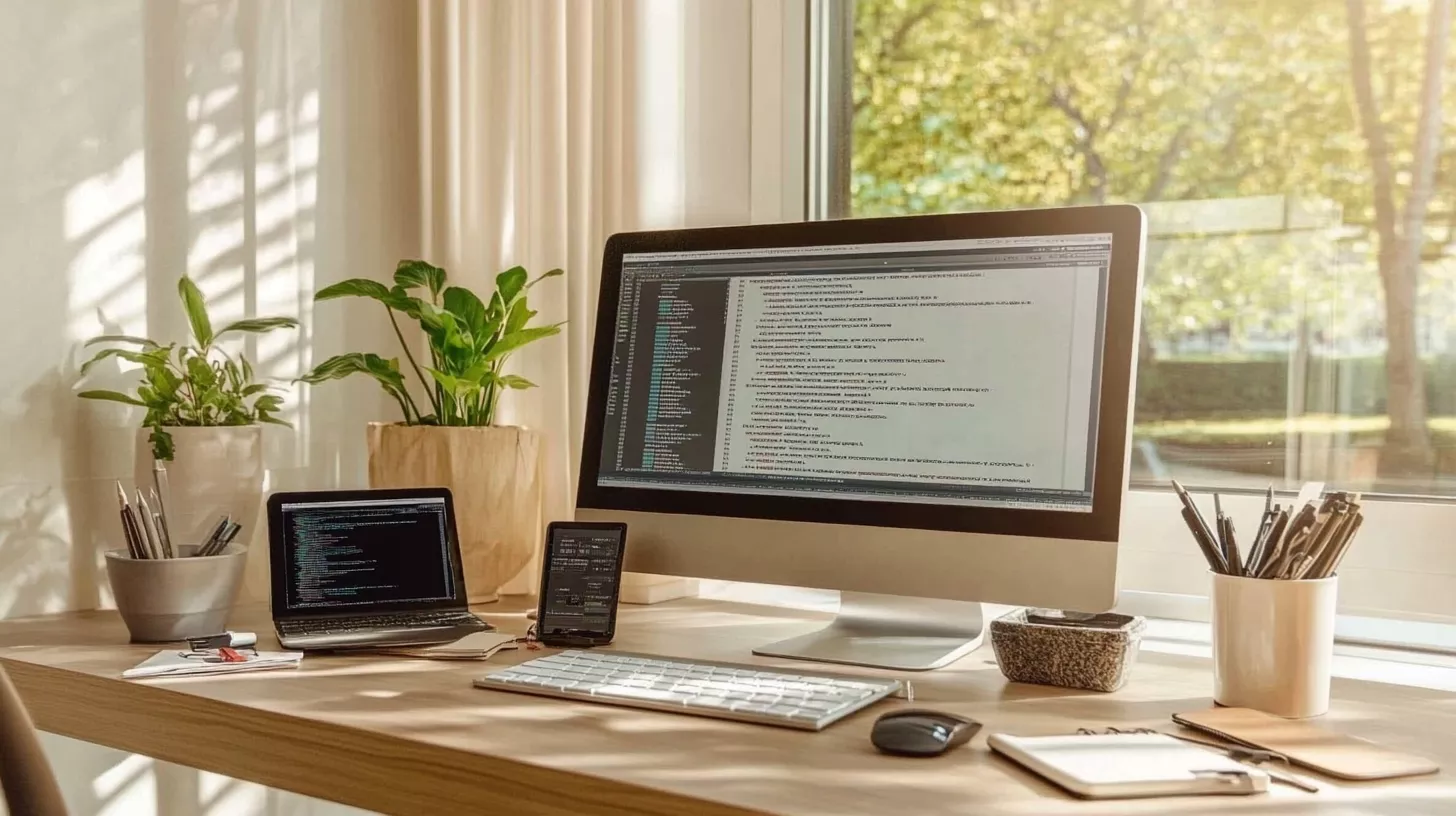Scrivania moderna con codice VB.NET in Visual Studio, sviluppo software aziendale