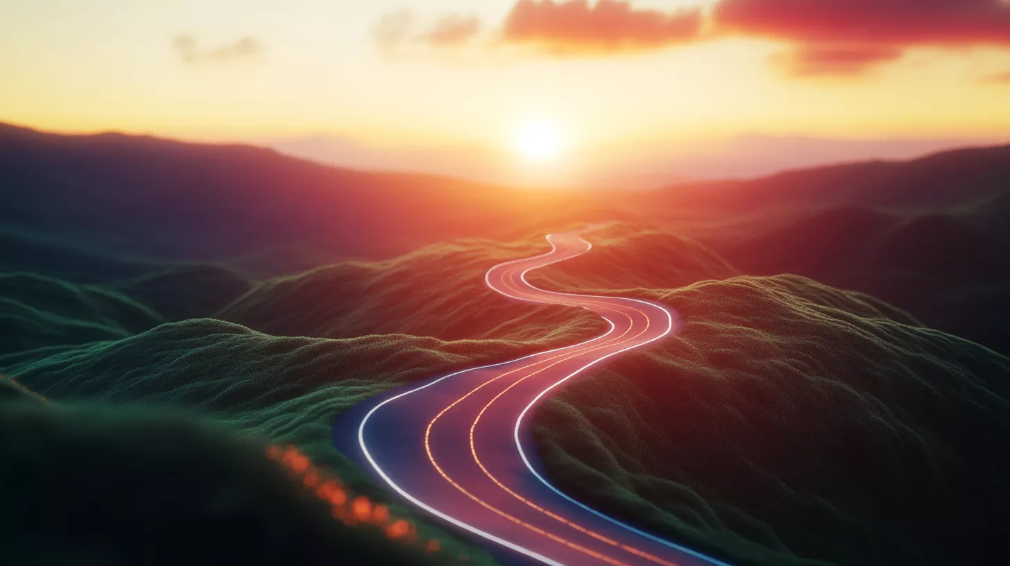 Strada sinuosa che si snoda attraverso colline verdi, illuminata da una luce calda del tramonto, con un orizzonte luminoso che simboleggia il progresso e il raggiungimento degli obiettivi.