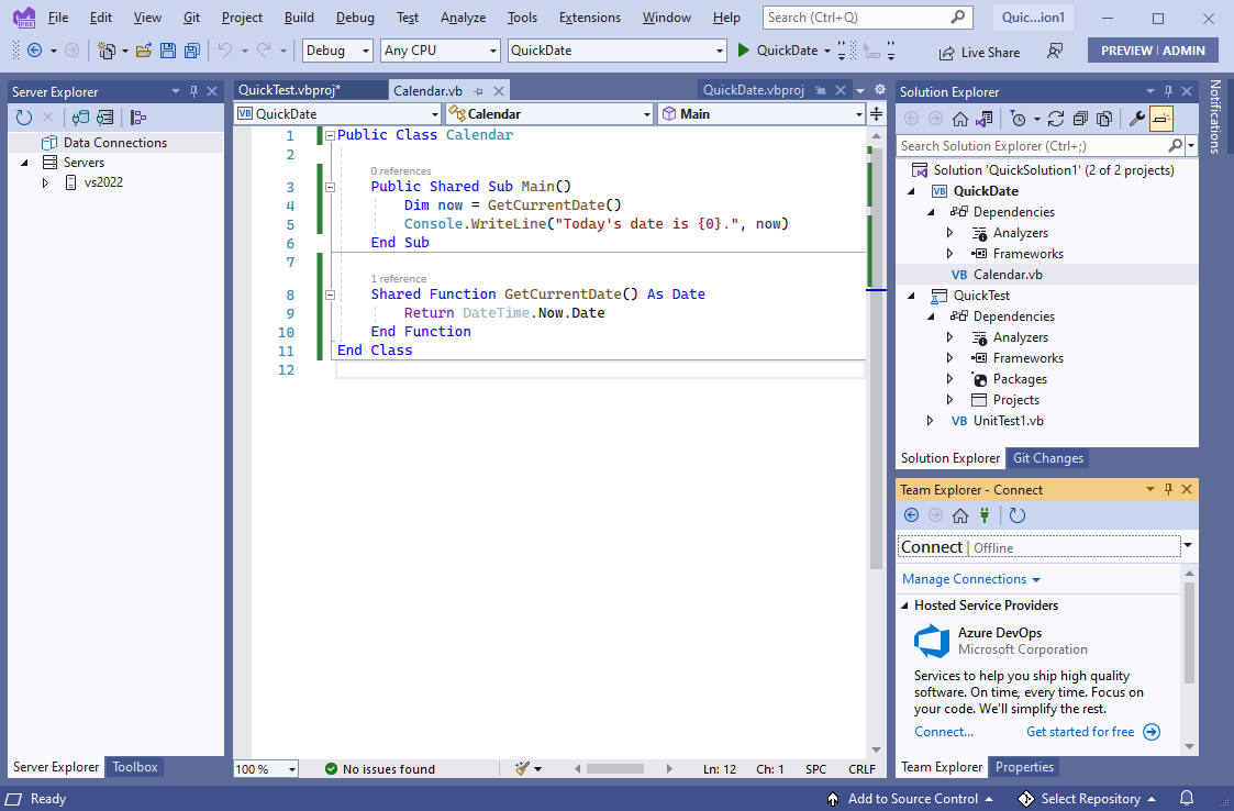 Editor di Visual Studio con codice Visual Basic