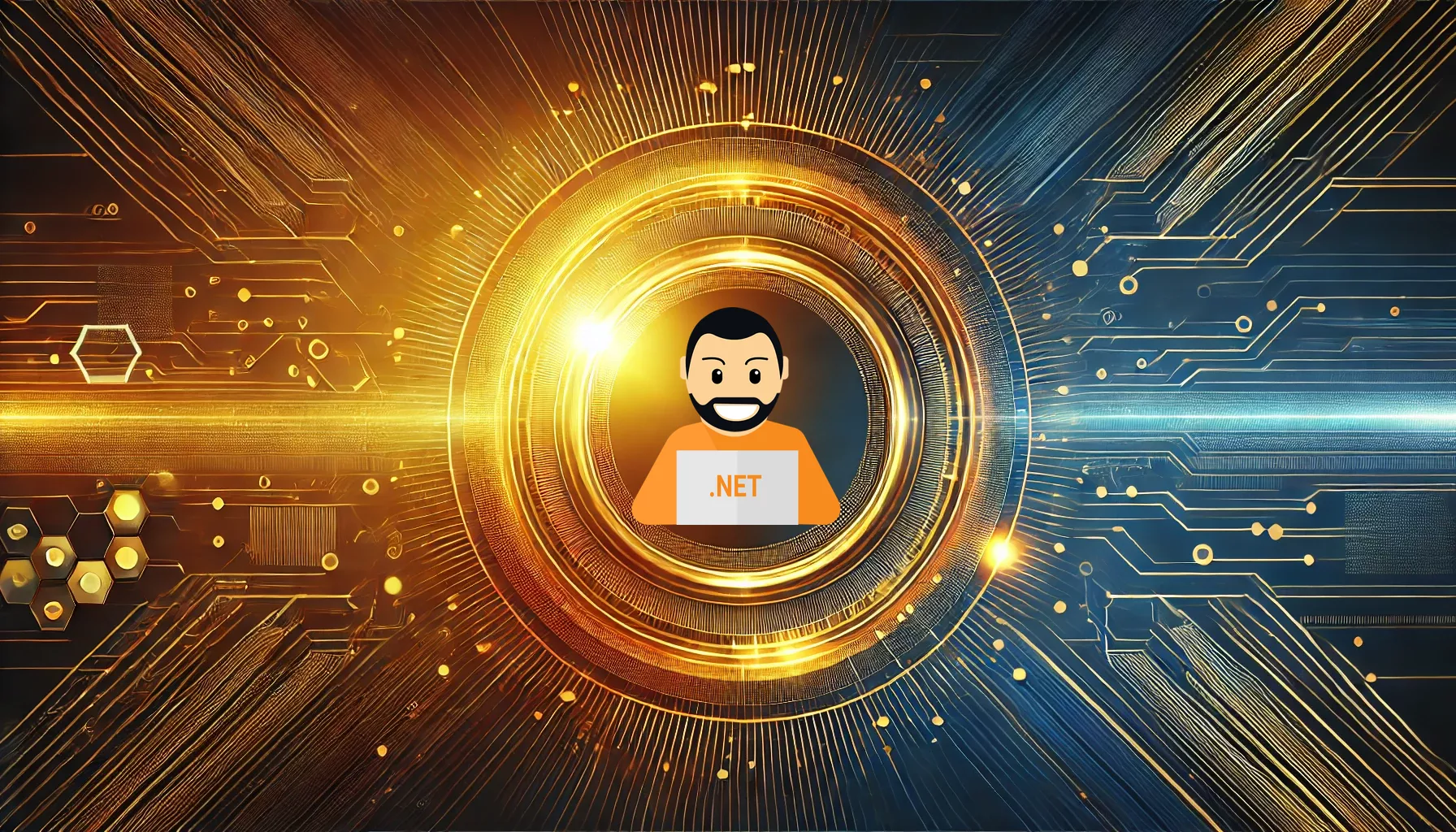 Programmatore con laptop .NET in un vortice, simbolo di potenza e innovazione