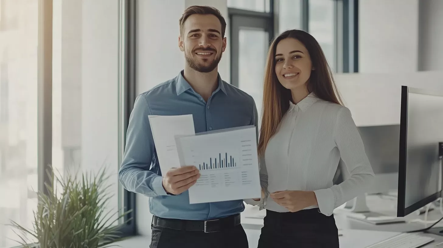 Due giovani professionisti sorridenti in un ufficio moderno, con uno di loro che tiene in mano documenti contenenti grafici e dati, simbolo di successo e soddisfazione professionale.