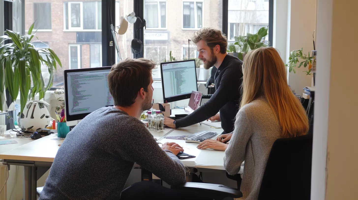 Team di sviluppatori in ufficio con codice su schermo, ambiente moderno e collaborativo