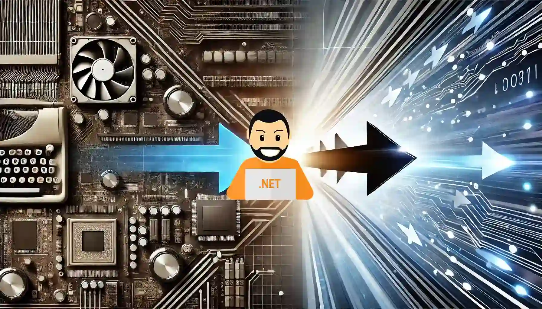 Upgrade da tecnologia obsoleta a .NET, sviluppatore e frecce digitali simbolo di progresso