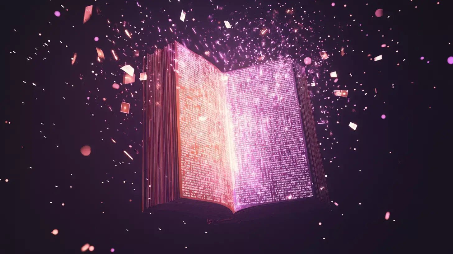 book with bright, floating pages, a symbol of advanced knowledge and the magic of code