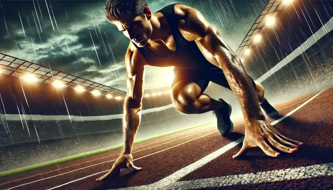 An athlete in starting position on the track, symbolizing determination, strength and overcoming challenges